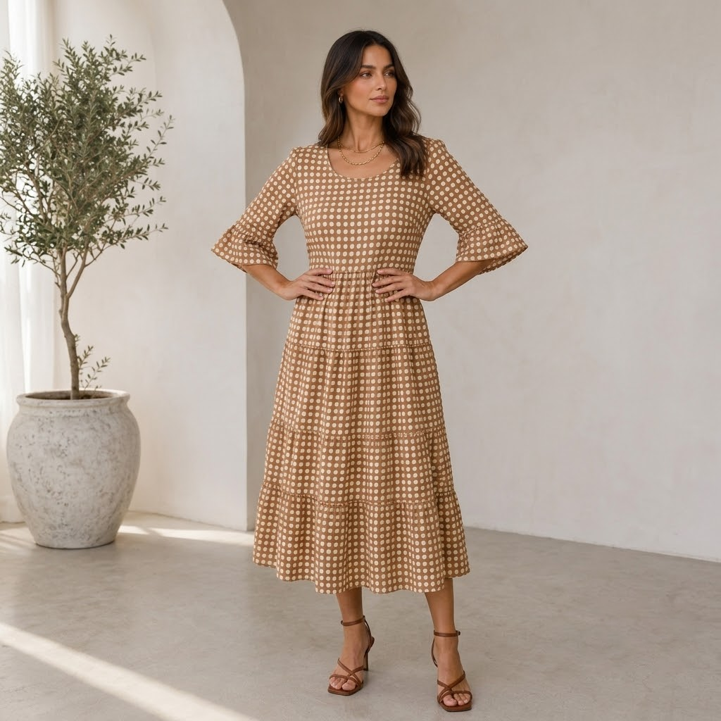 Women's polka dot midi dress with elbow-length sleeves and multi-layered ruffle skirt