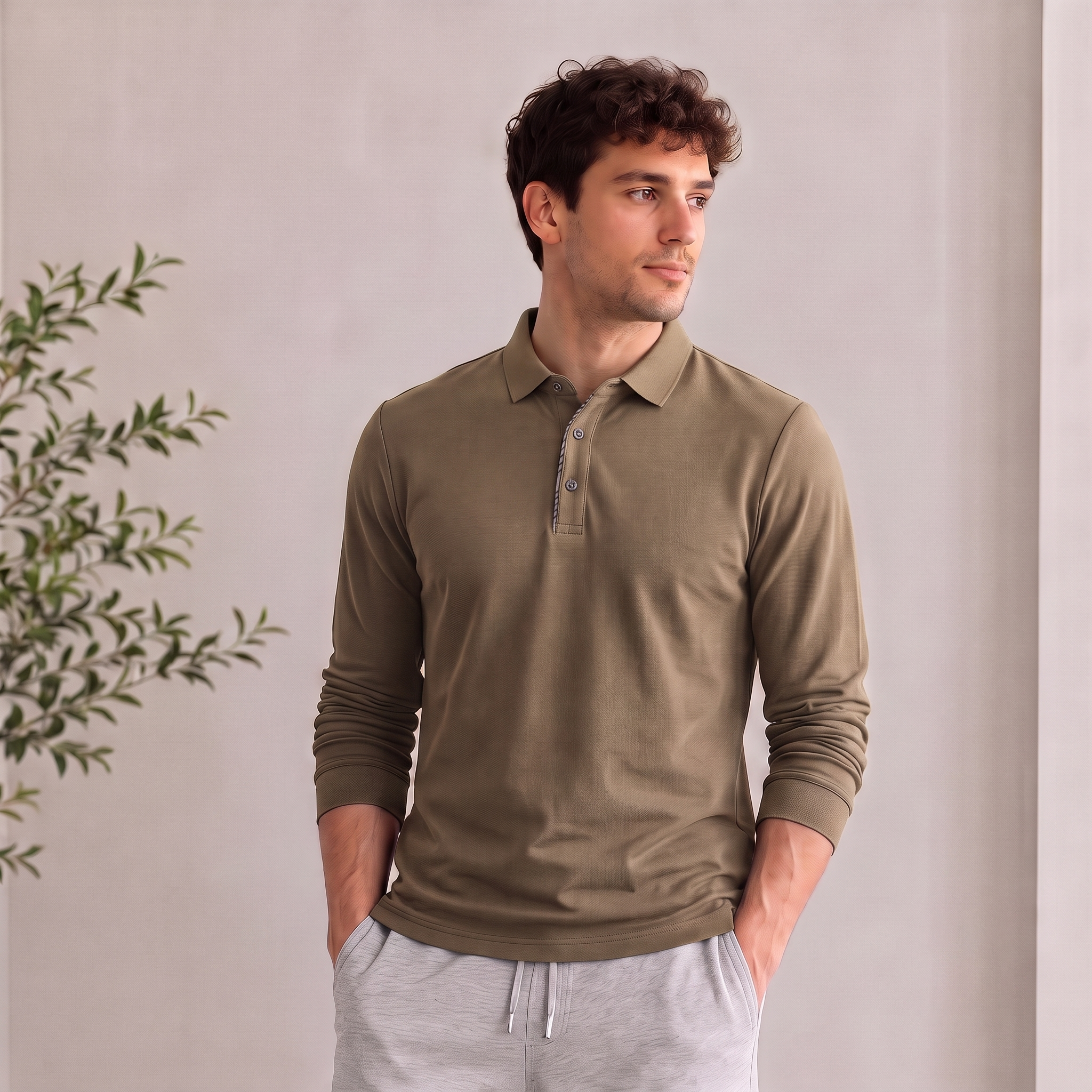 Men's minimalist stretch polo shirt with structured collar and long sleeves