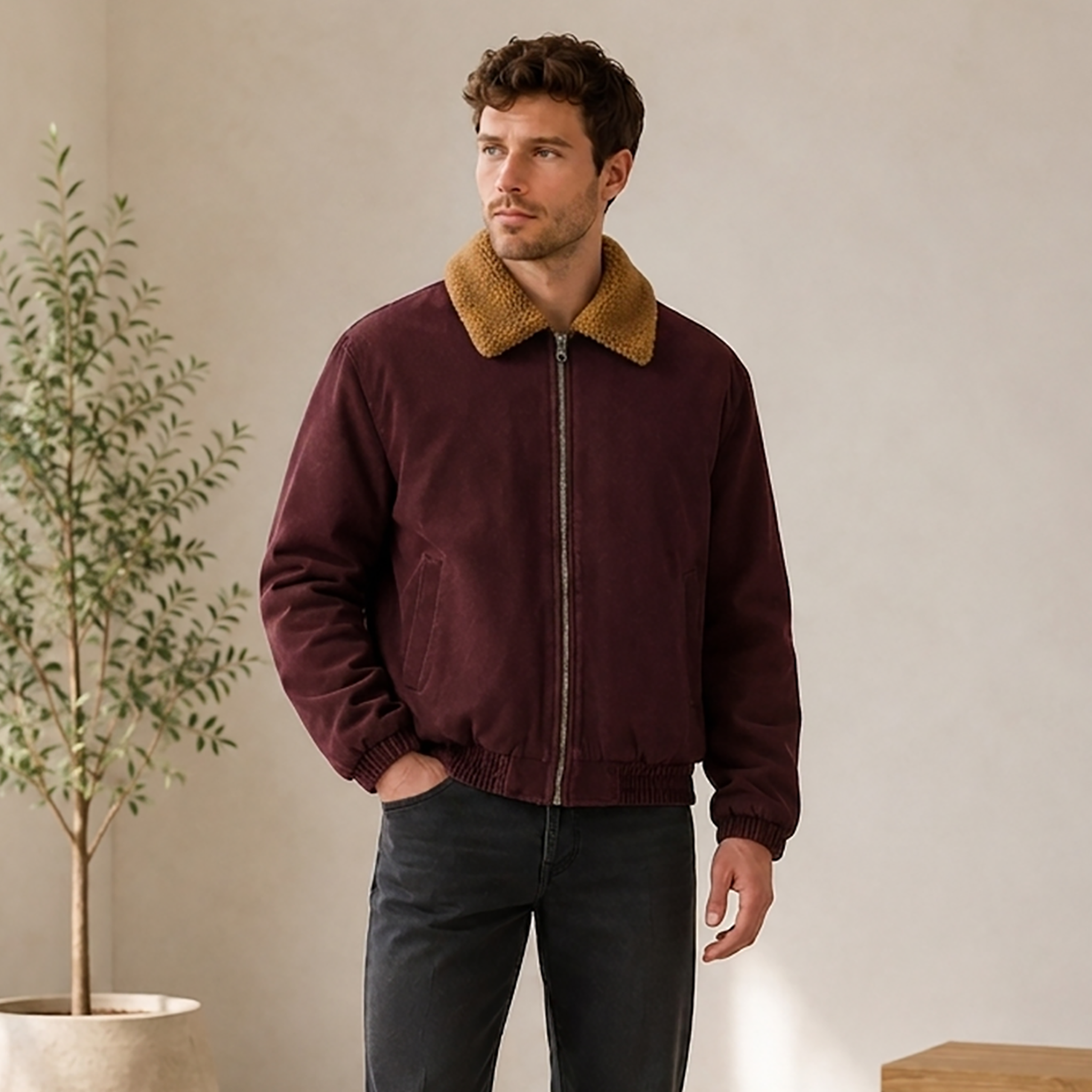 Men's casual winter jacket with sherpa collar, zipper, and regular fit silhouette
