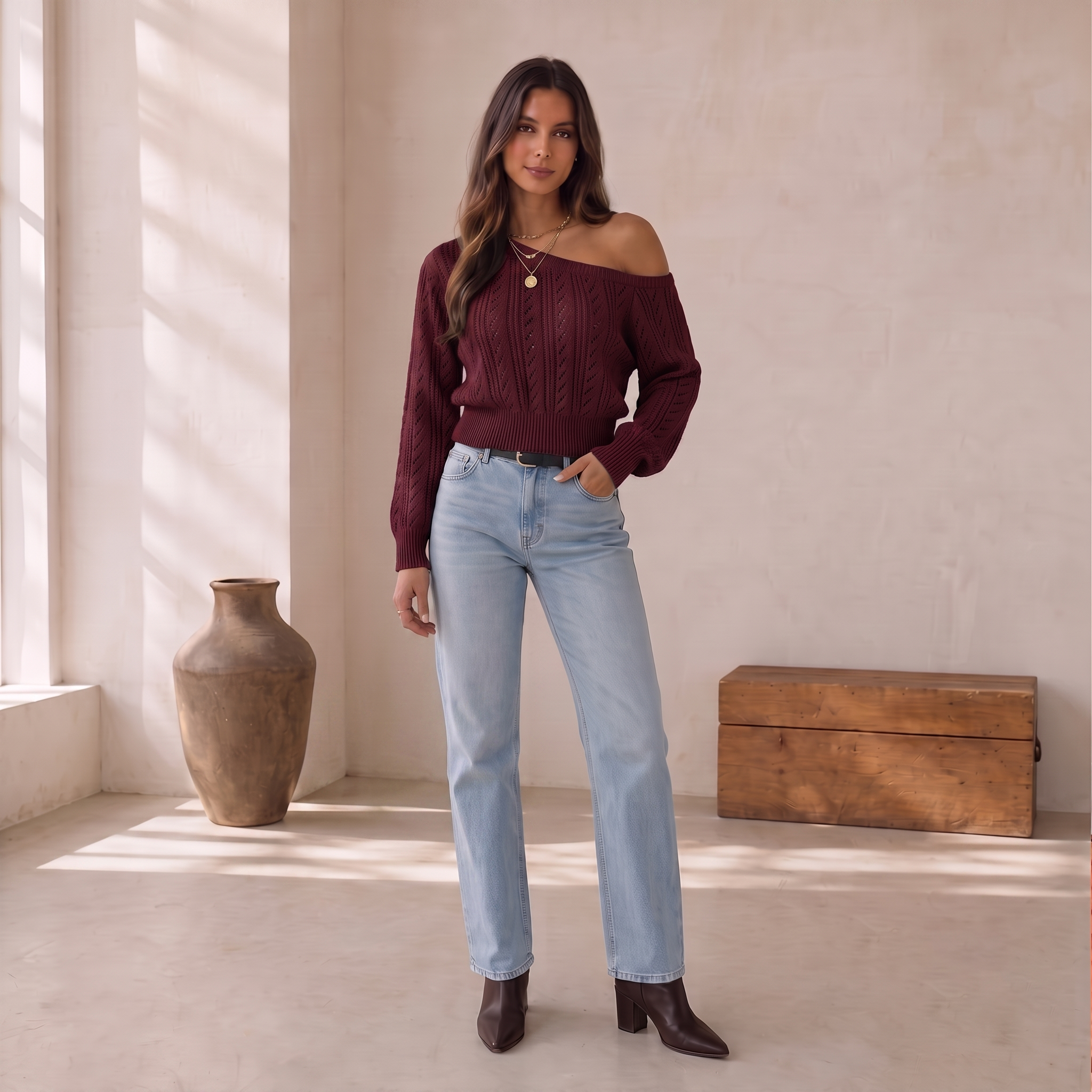Off-shoulder cotton-blend sweater with cropped silhouette and textured knit