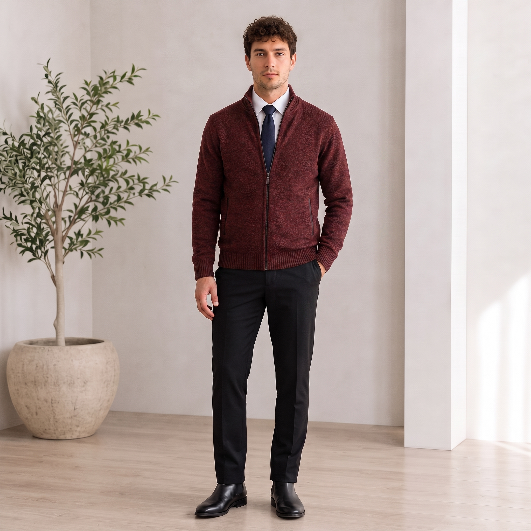 Textured Knit Jacket Zip Front Men