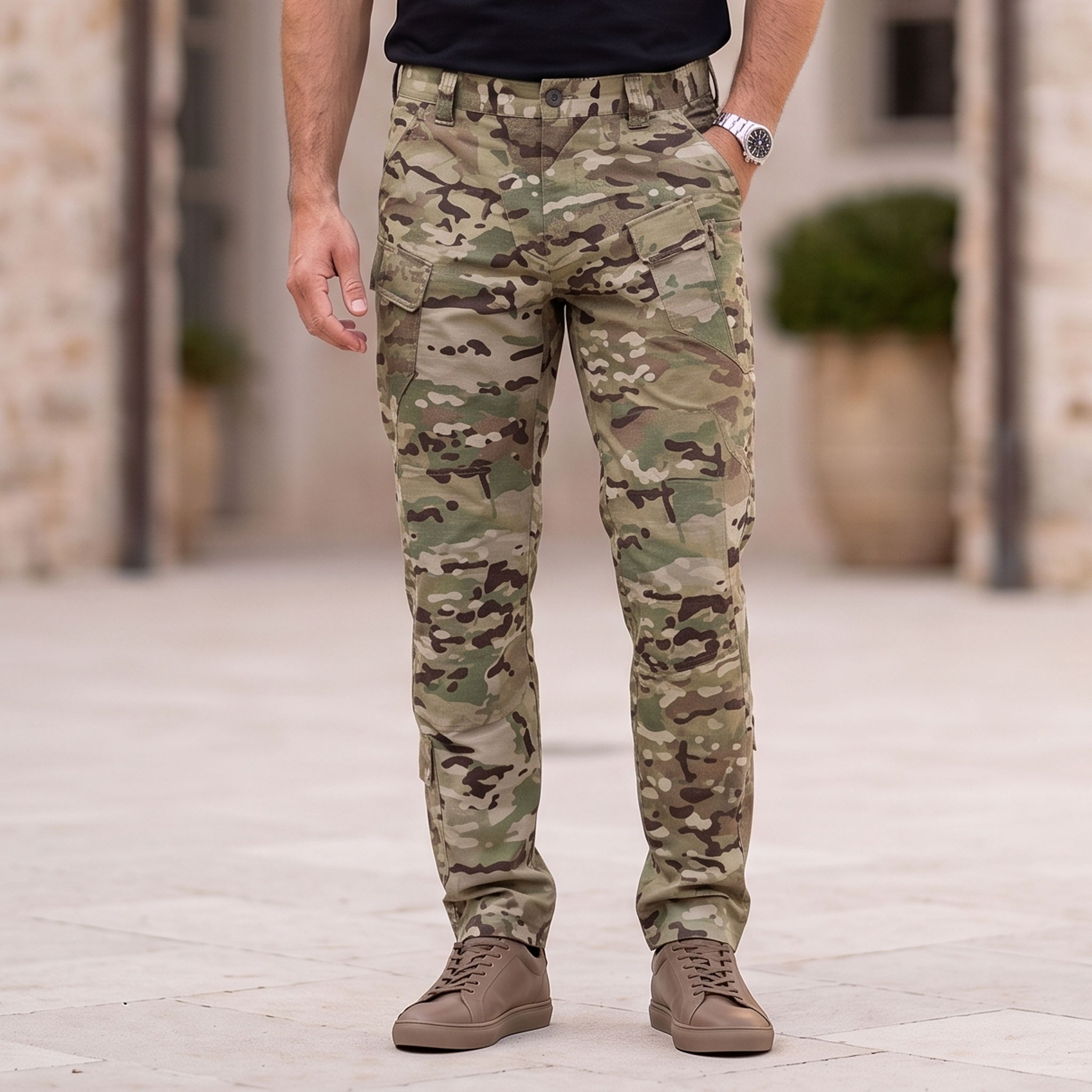 Men's cargo pants with reinforced stitching, cargo side pockets, and full-length straight legs