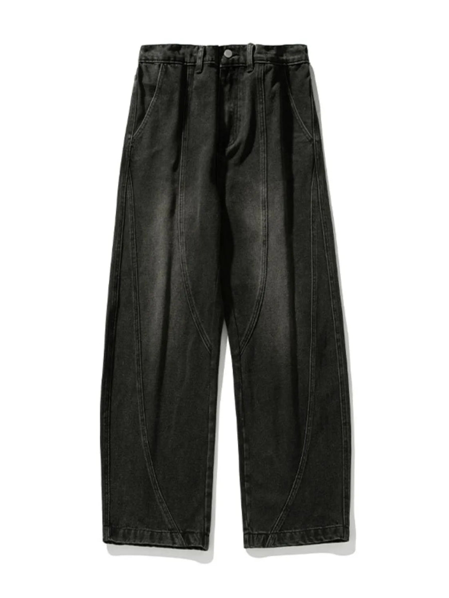 Men's structured wide-leg panel jeans with washed denim finish and belt loop waistband