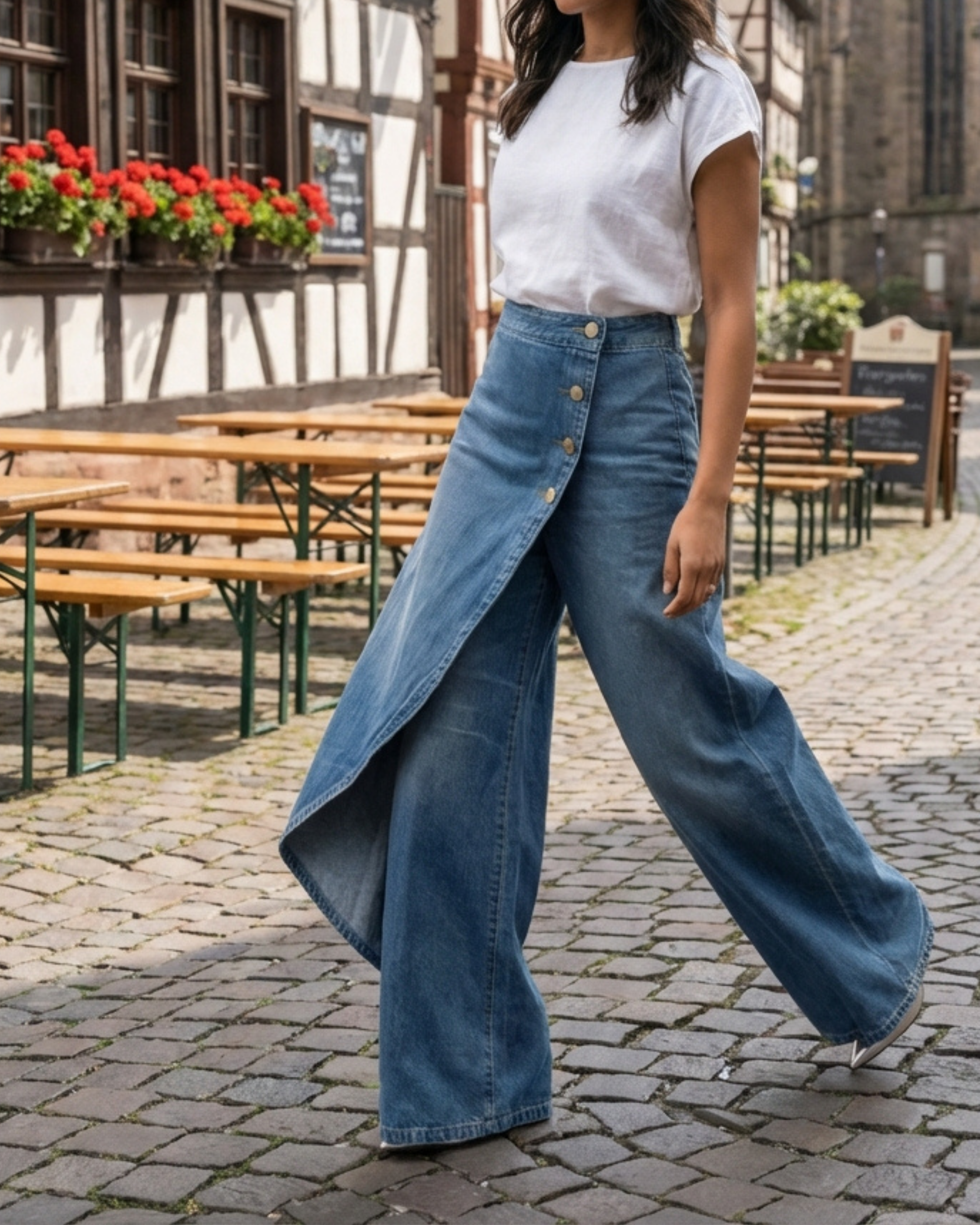 Full-length high-waist denim wrap pants for women with side button detail