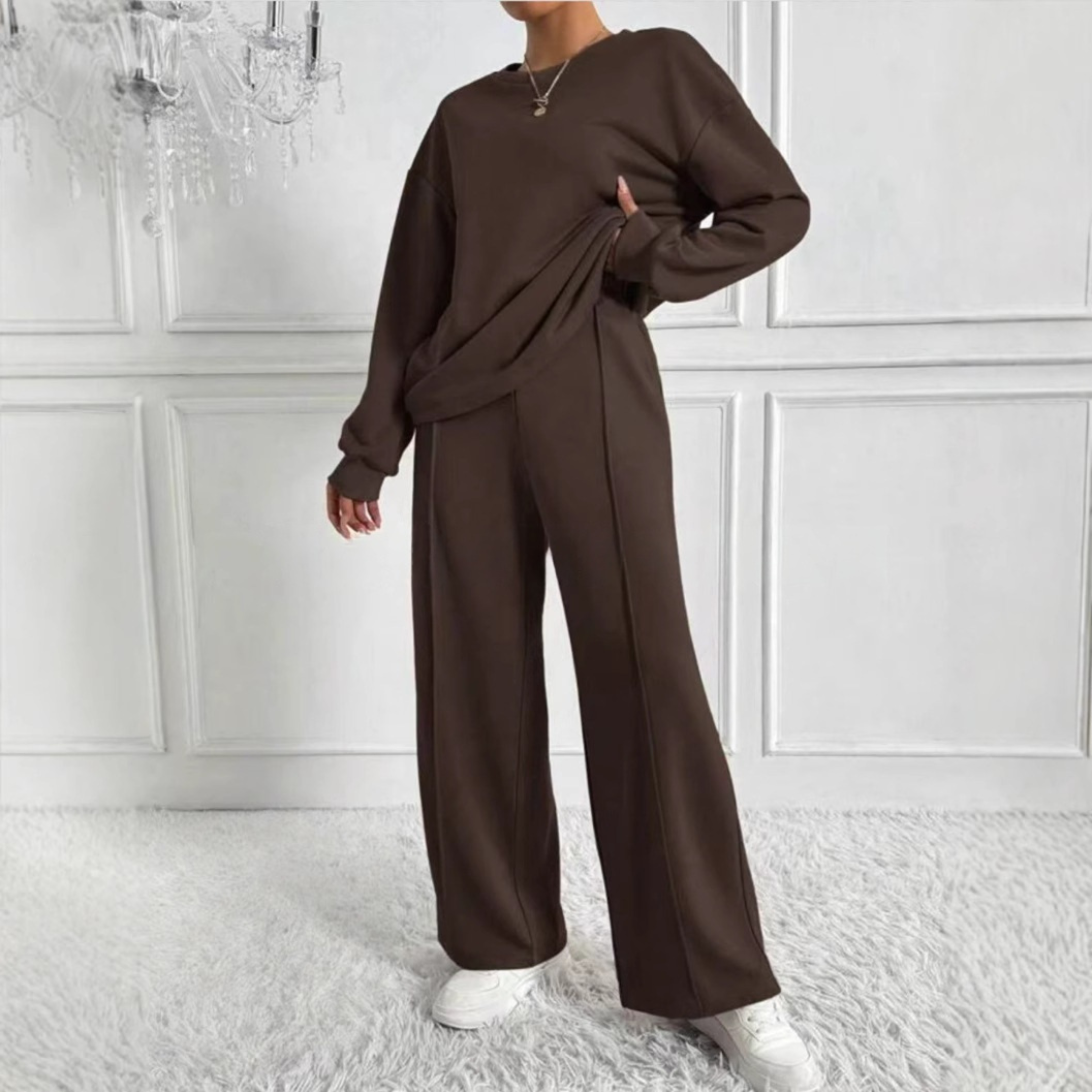 Women's casual long-sleeve sweater and wide-leg trousers matching set in polyester