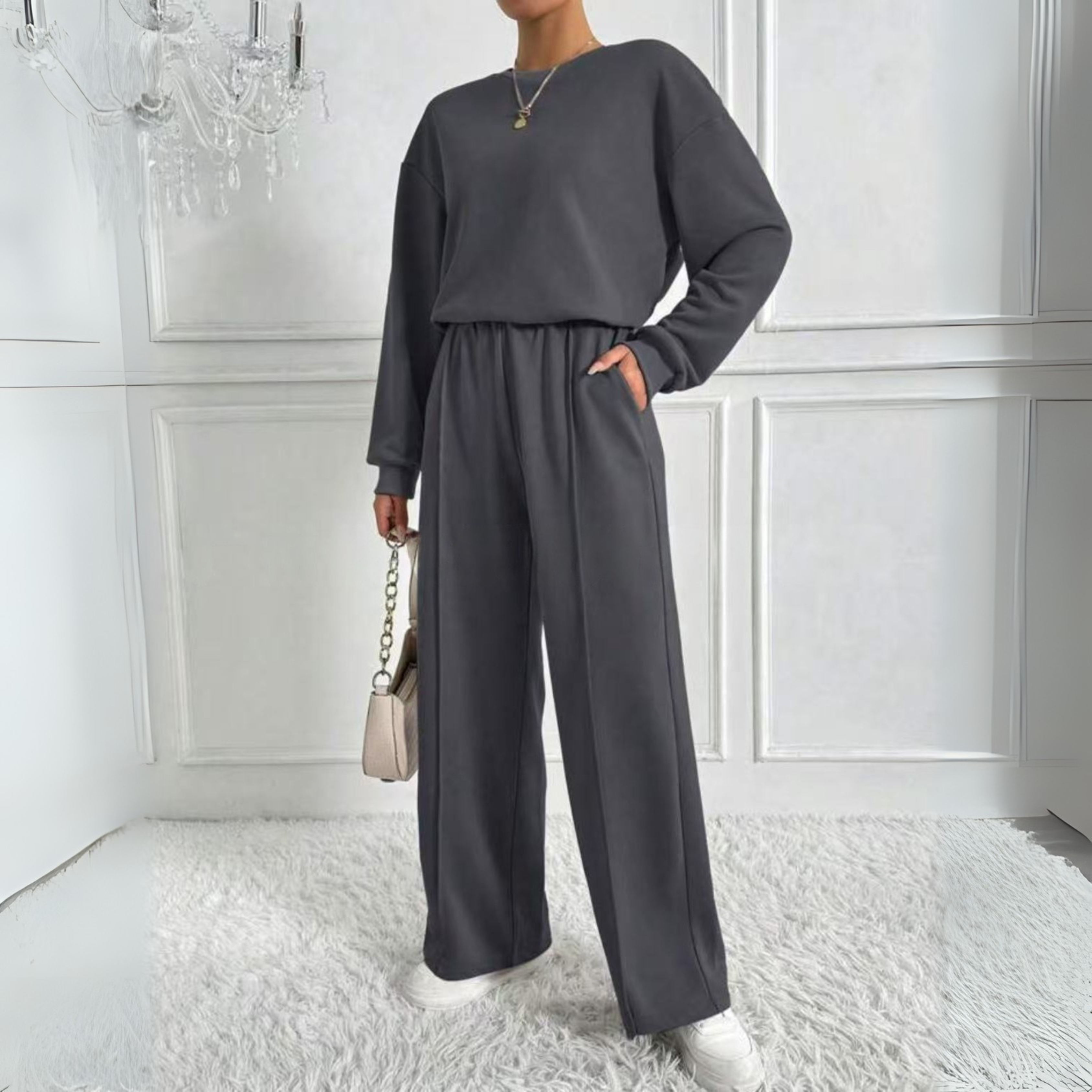 Women's pull-on long-sleeve sweater and wide-leg trousers set with round neckline in polyester
