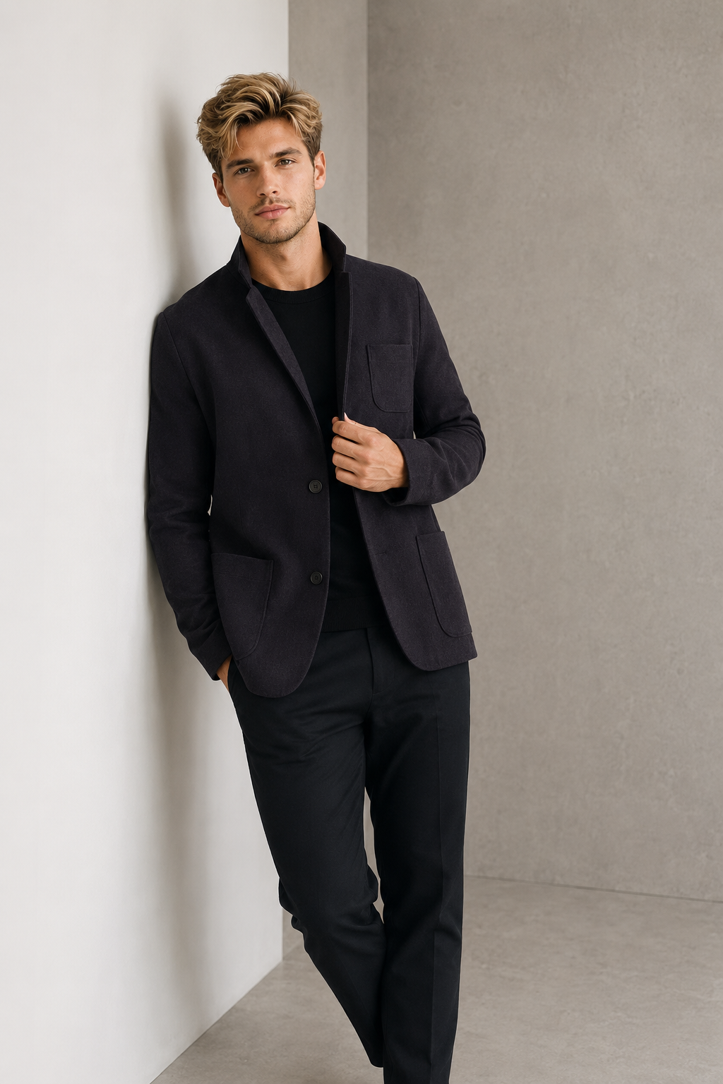 Close-up of dark jacket sleeve and lapel detail