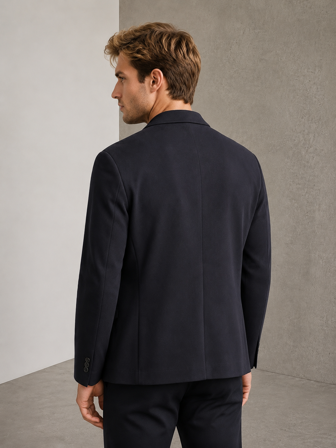Back view of man wearing a dark tailored jacket