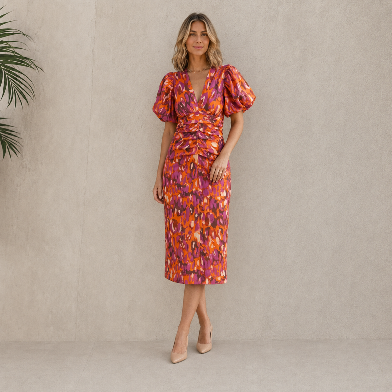 All over print midi dress with short sleeves
