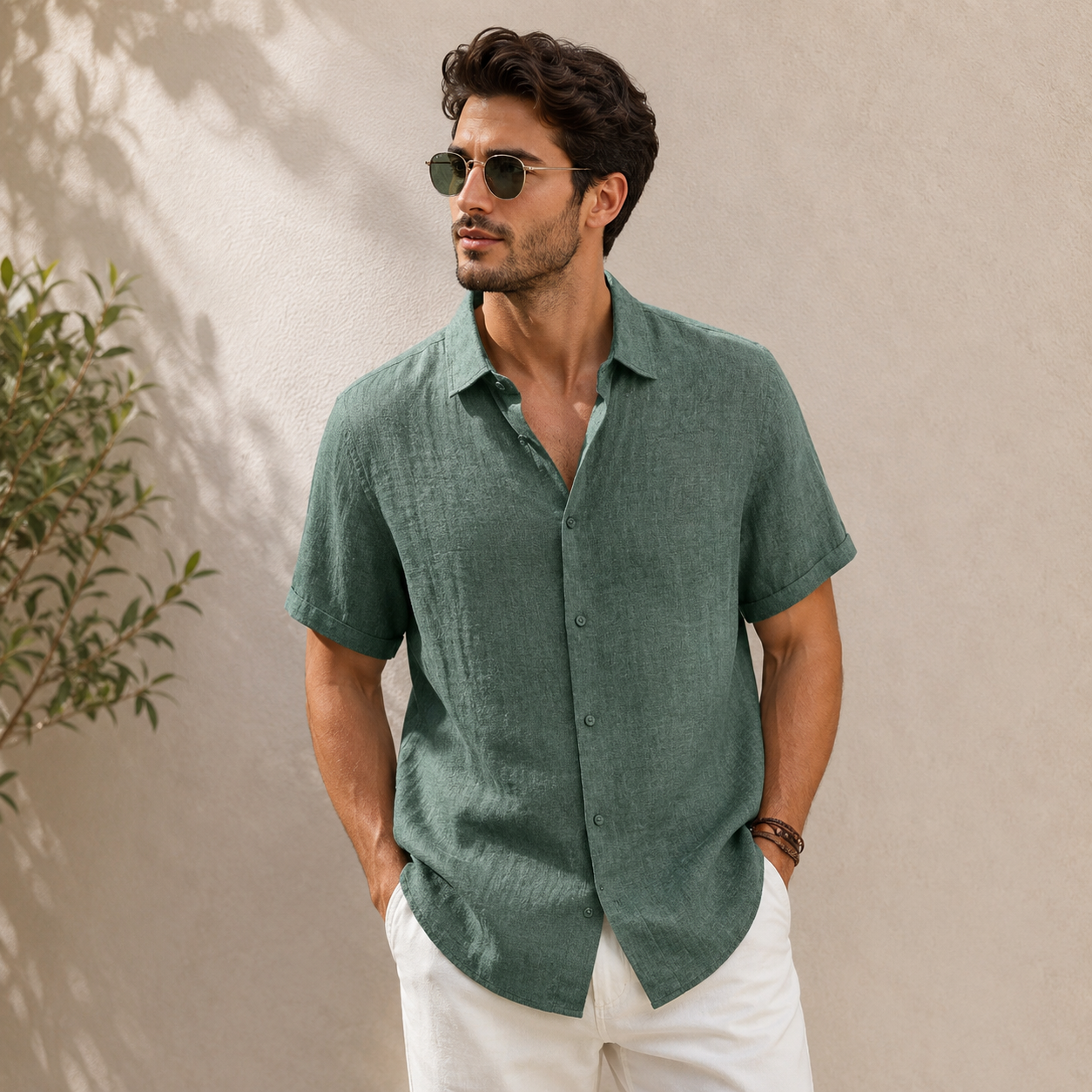 Short-sleeved shirt with button closure for men