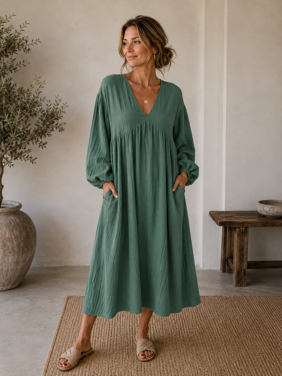 Women's loose-fit midi dress with V-neckline, long sleeves, and a straight hem in a flowing silhouette