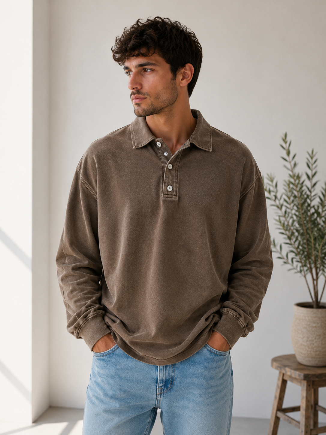 Men's relaxed polo sweatshirt with polo collar and long sleeves