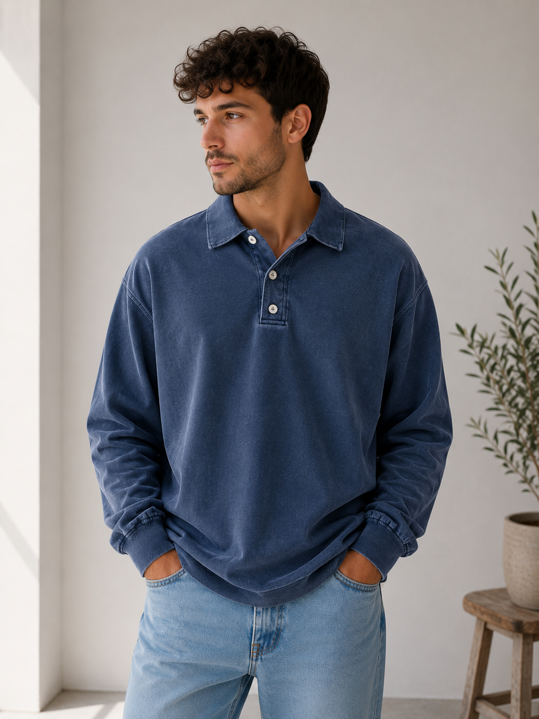 Men's polo sweatshirt with relaxed fit, long sleeves, and classic polo collar