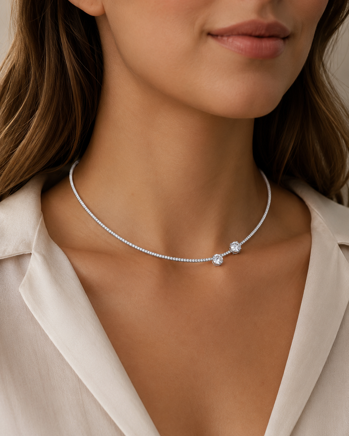 Close-up of women's metal choker necklace with zirconia stone elements and clasp