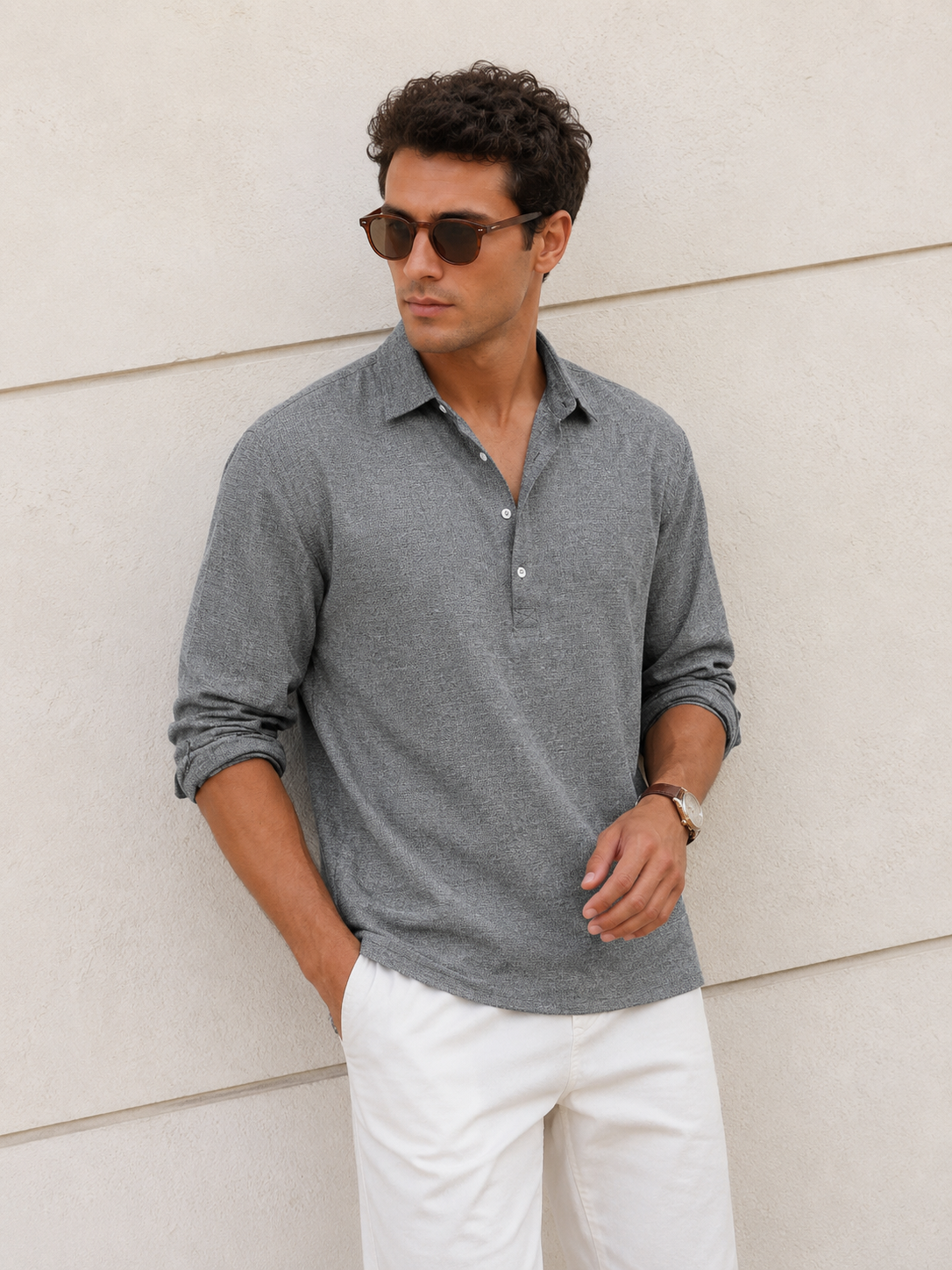 Shirt with button placket in textured fabric for men