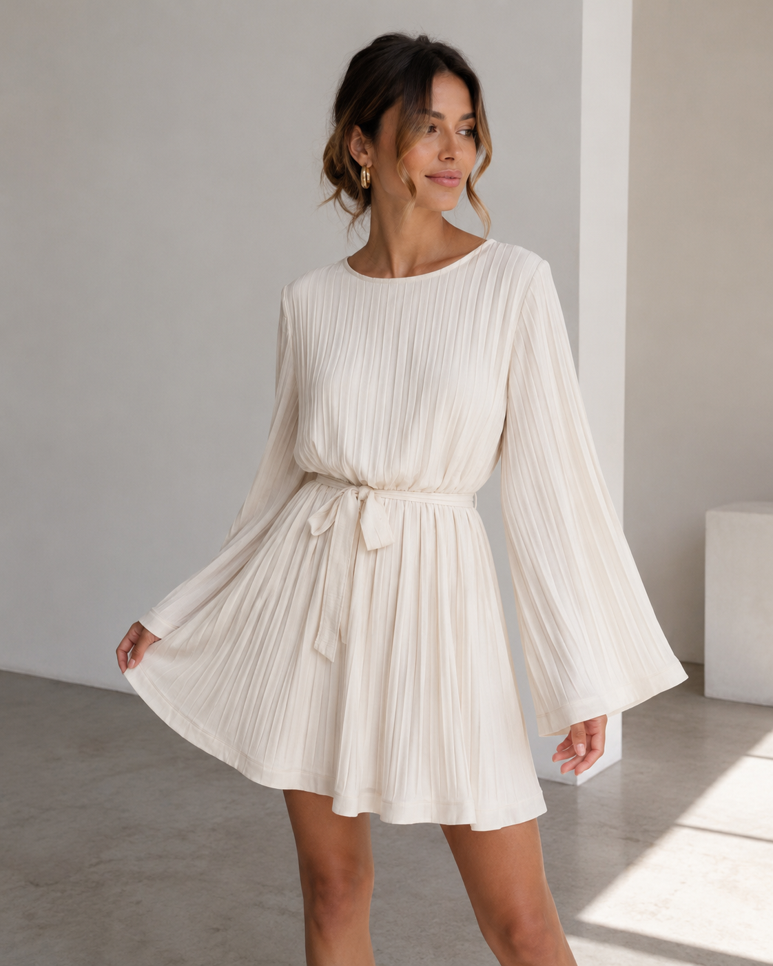 white pleated long sleeve dress Bloom and Company White Long Sleeve Pleated Button Dress