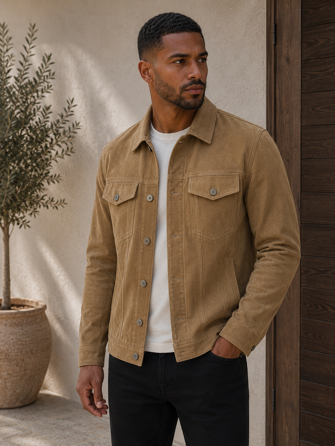 Men's Structured Utility Jacket with reinforced seams, side pockets, and hip-length cut