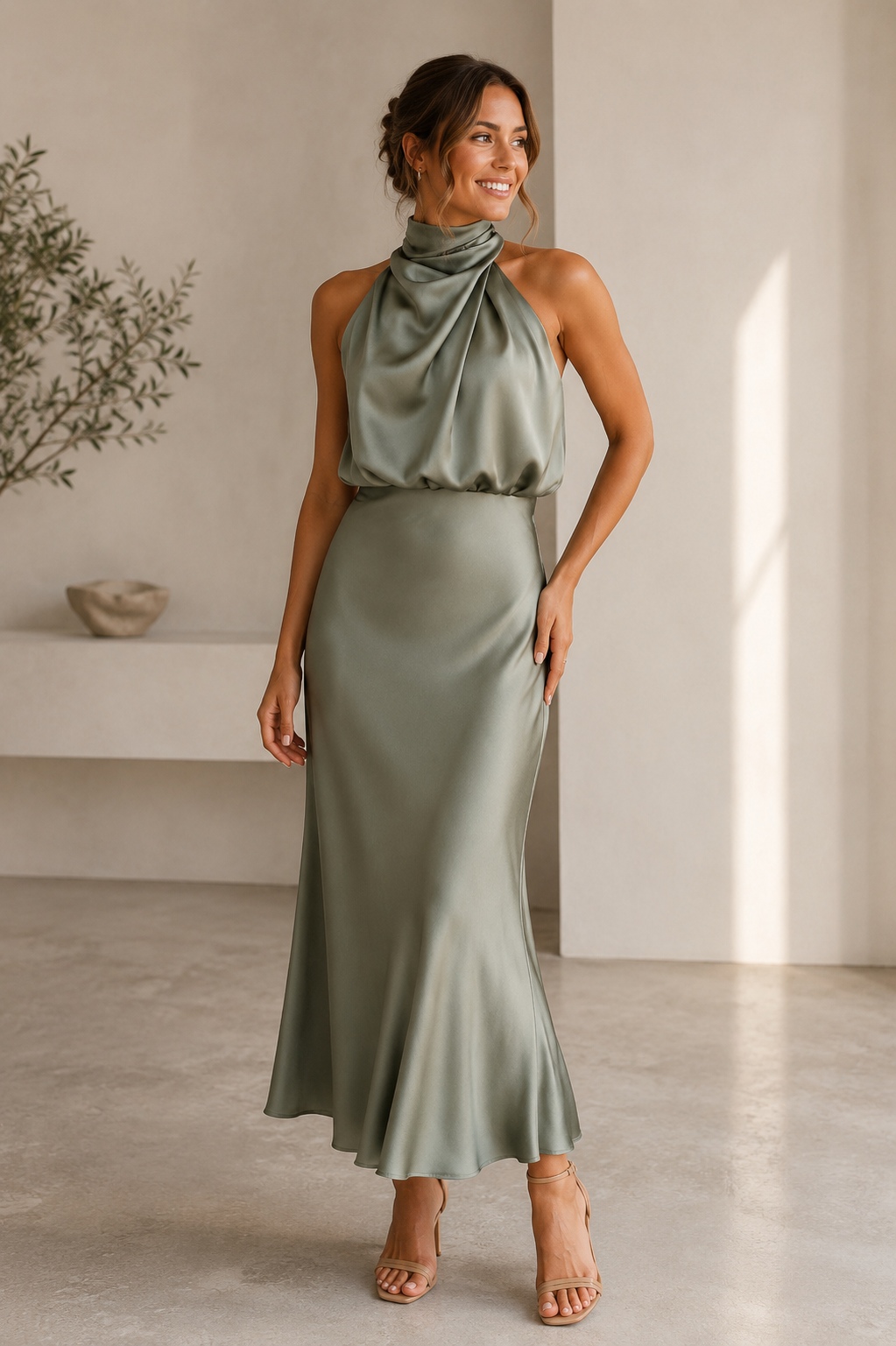 Women's sleeveless halterneck midi dress made from smooth satin fabric with an even surface