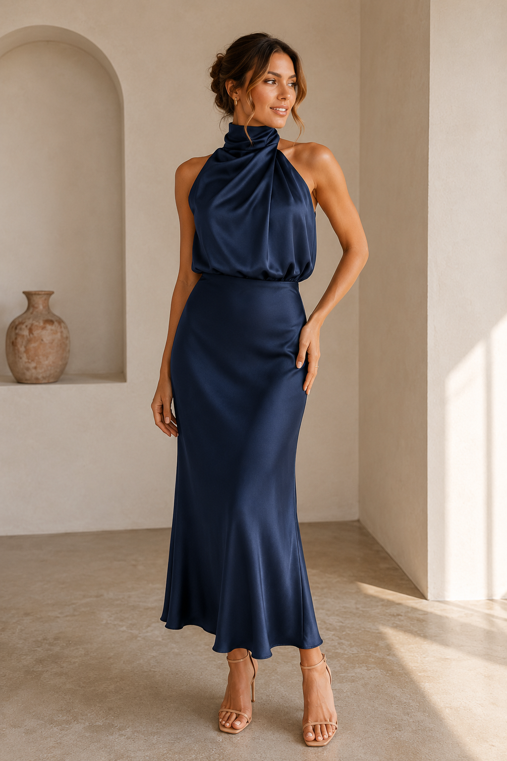 Women's sleeveless satin halterneck midi dress with an even drape and pull-on midi-length style