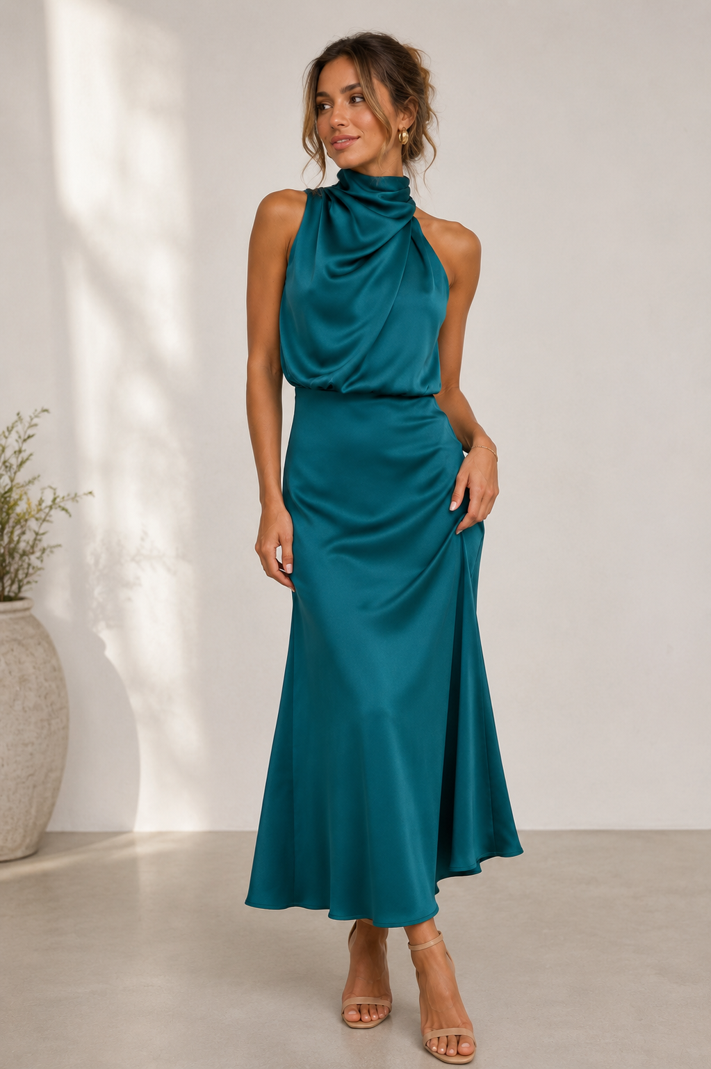Women's satin halterneck dress with a midi-length hem and smooth synthetic fabric finish