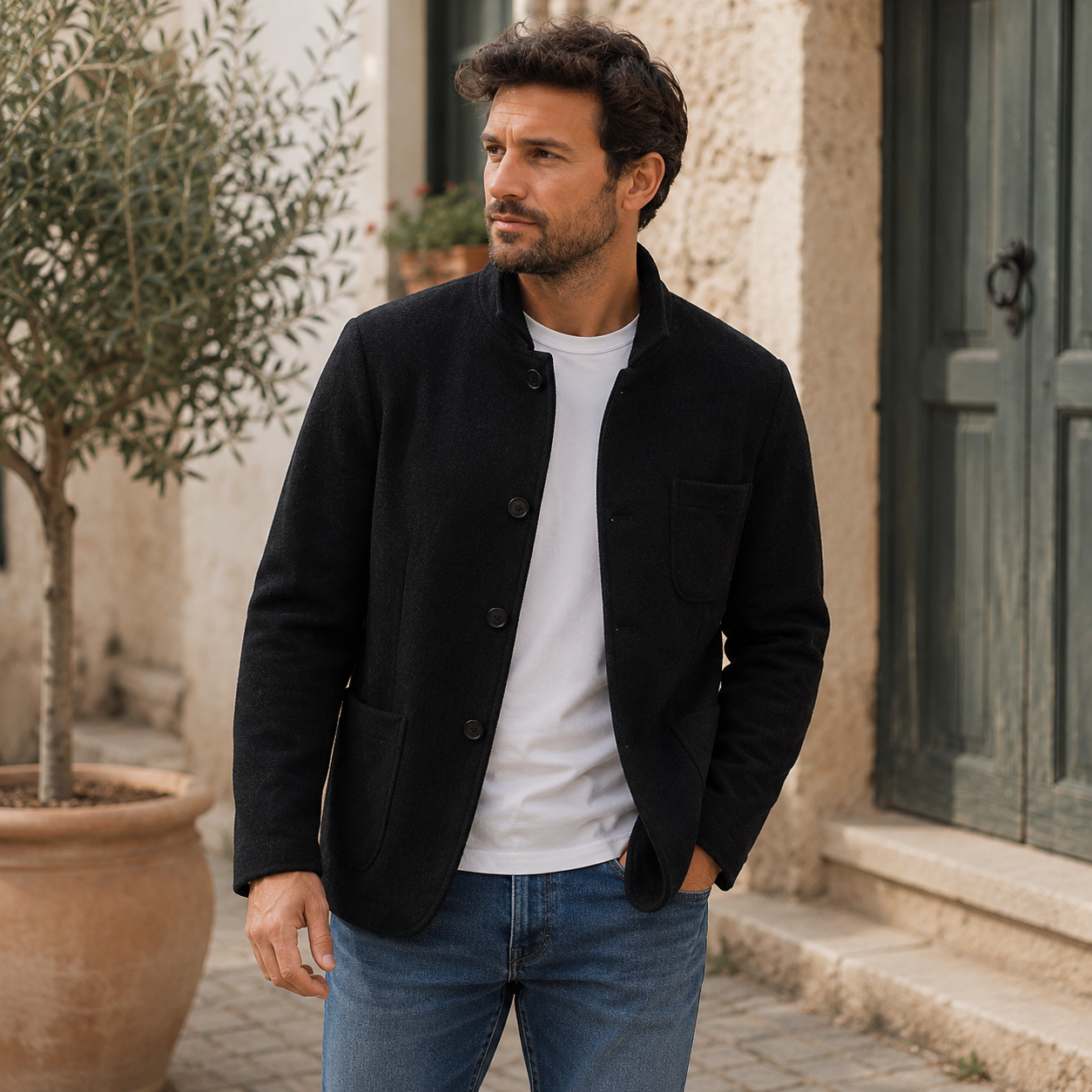 Men's knitted polyester blend jacket with front pockets, full-length view