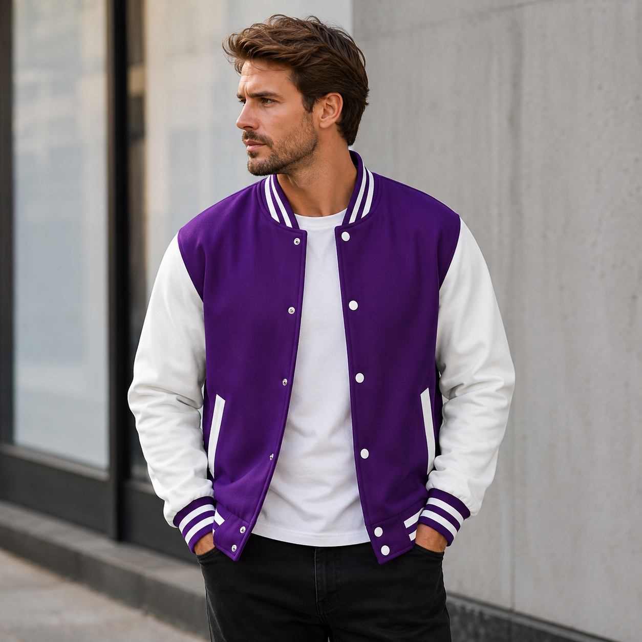 Men's snap button varsity jacket with structured silhouette and ribbed finishes