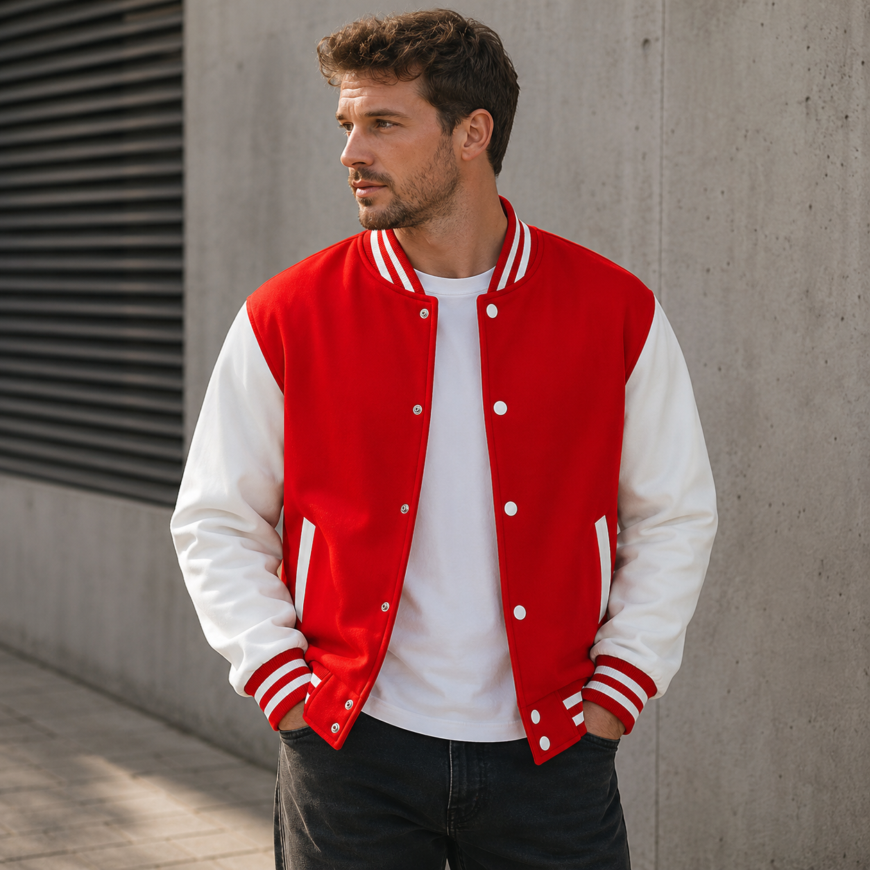 Men's varsity jacket with snap buttons, side pockets, and ribbed cuff detail