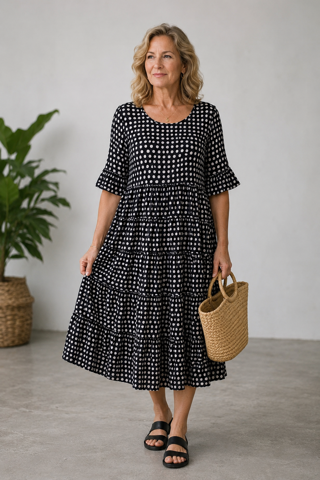 Women's relaxed-fit polka dot midi dress with ruffled skirt and elbow-length sleeves