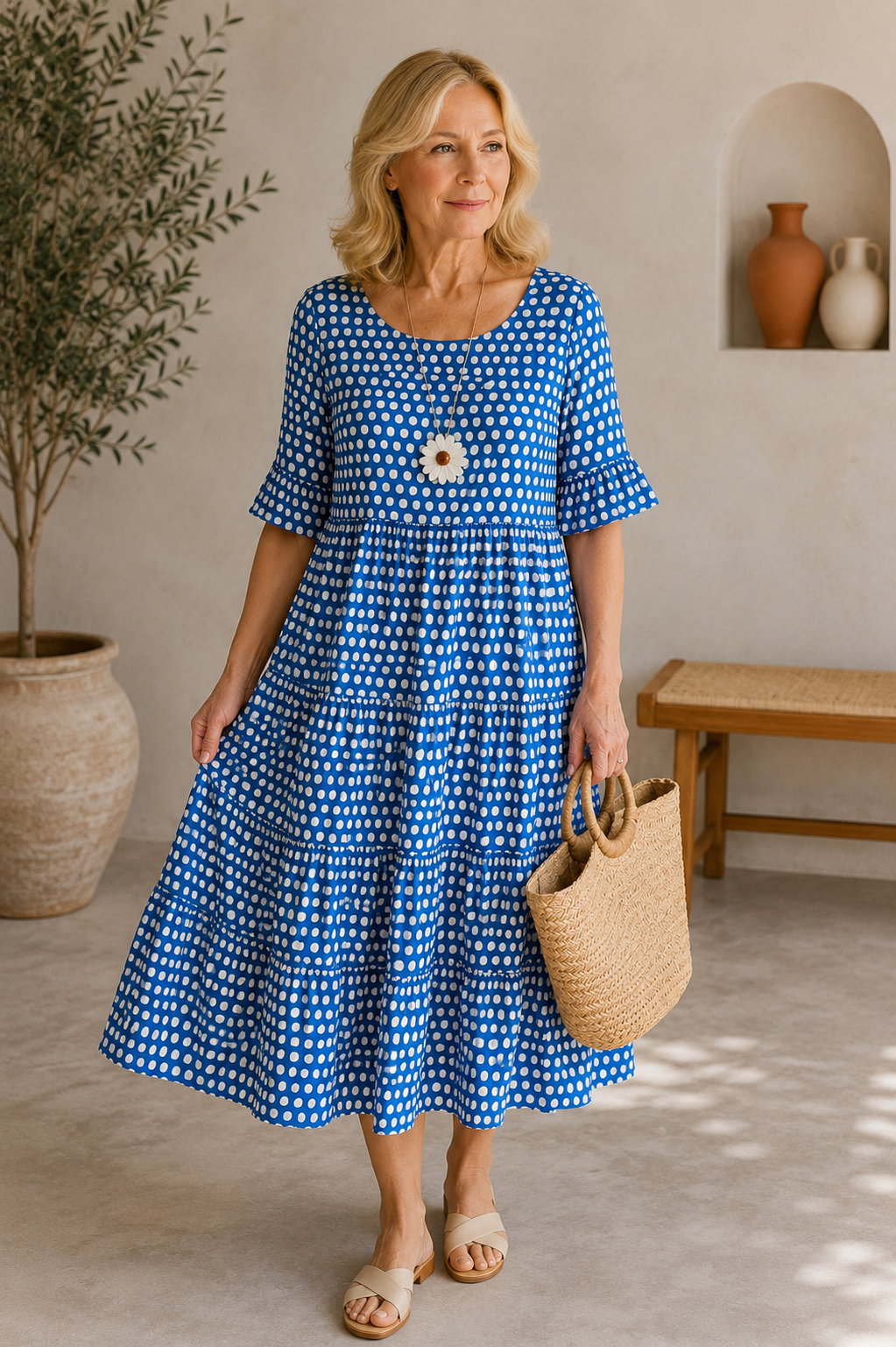 Women's midi-length polka dot dress with gathered ruffle skirt and loose silhouette