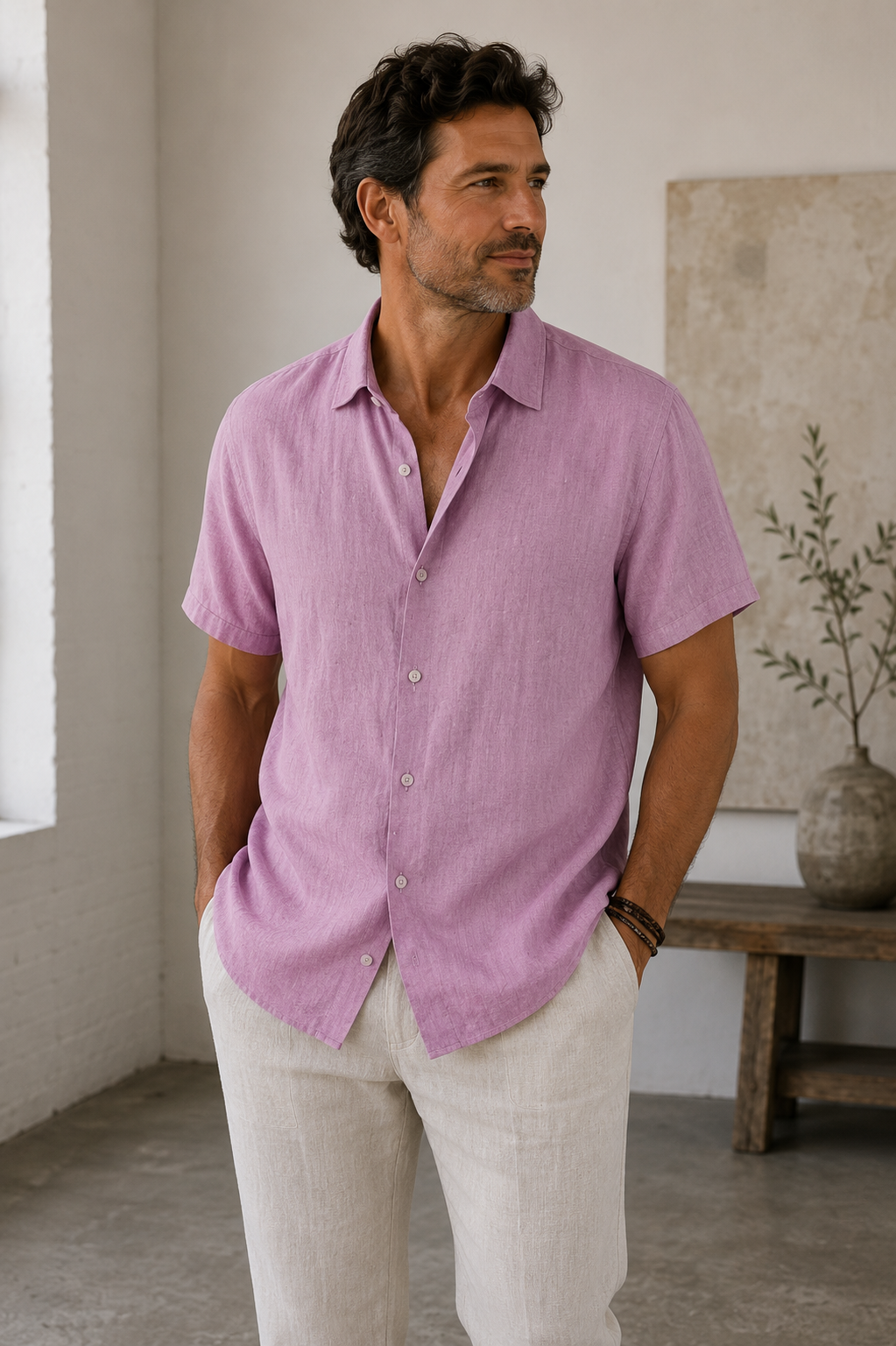 Men's relaxed-fit short-sleeve shirt with rounded hem and clean seams