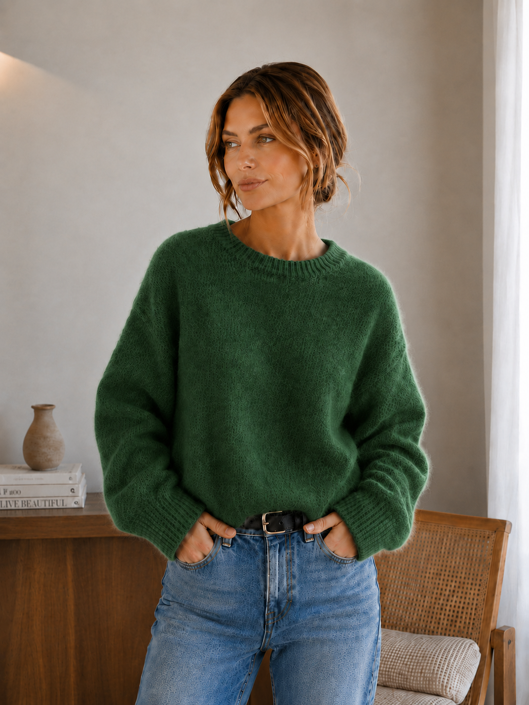 Women's knitted sweater showing neckline and upper body fit