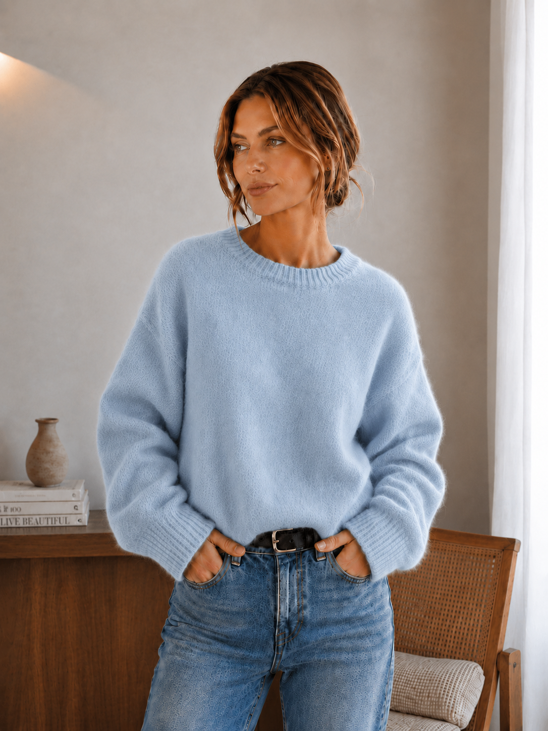 Women's soft knitted sweater showing cuff and sleeve texture detail