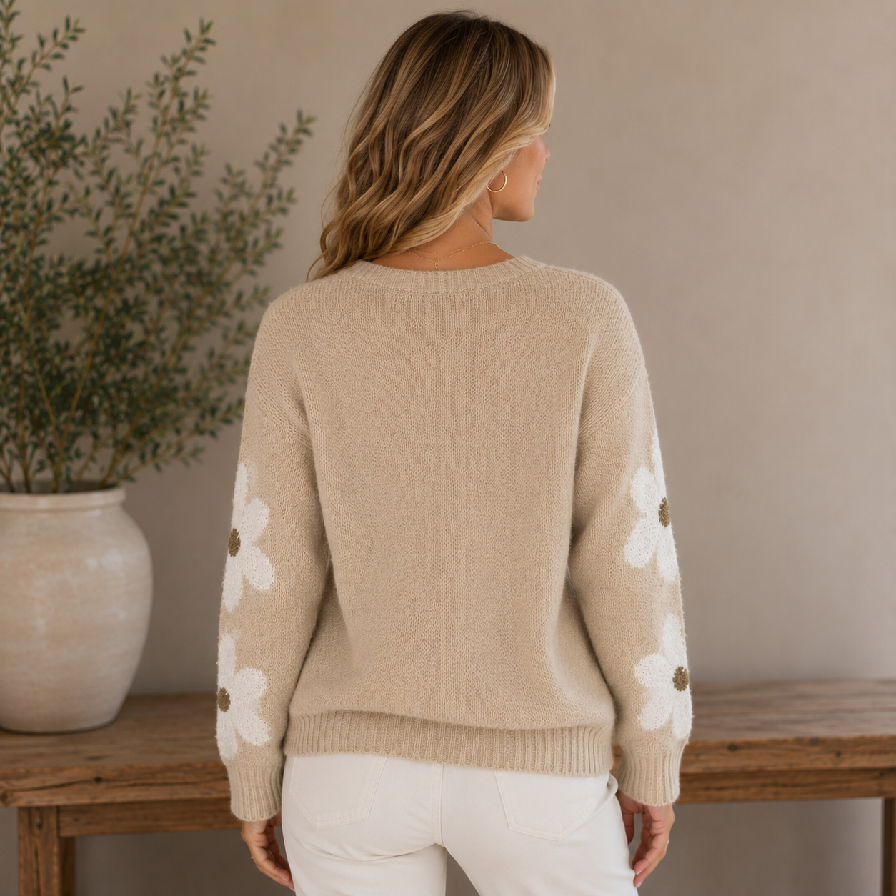 Floral sleeve knit sweater for women in a wool-blend with a soft textured finish