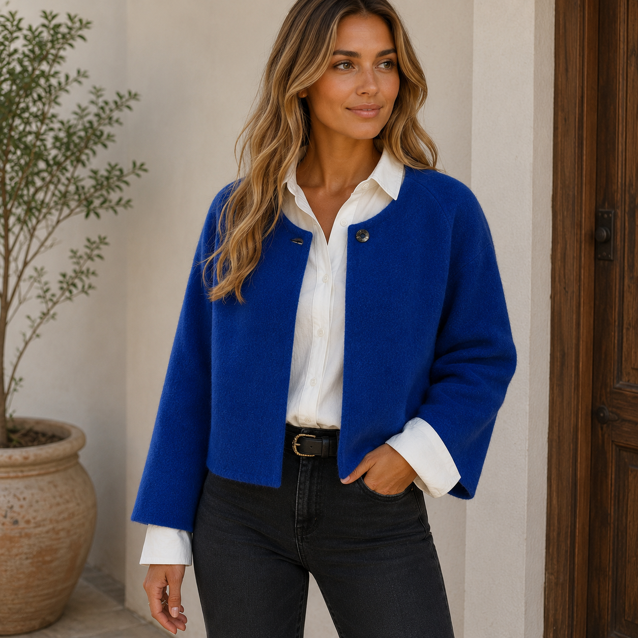 Short wool-blend women's jacket with soft brushed finish and button closure