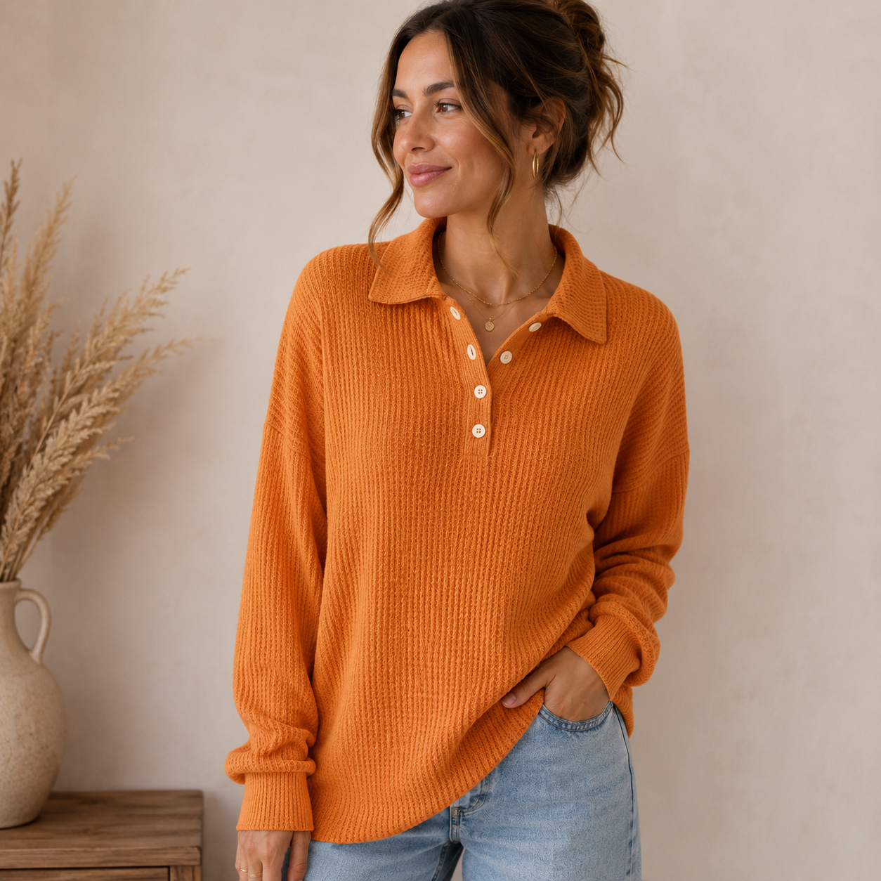Waffle-knit women's sweater with button collar and long sleeves