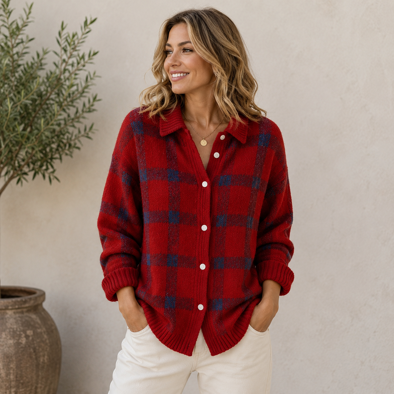 Women's knit cardigan with open collar and front button closure