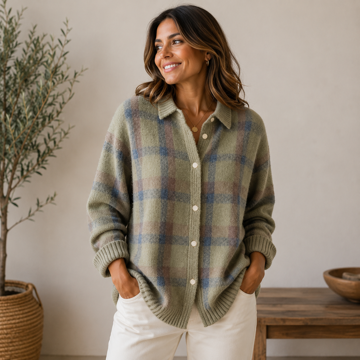 Women's layering knit cardigan with structured knit fabric and button front