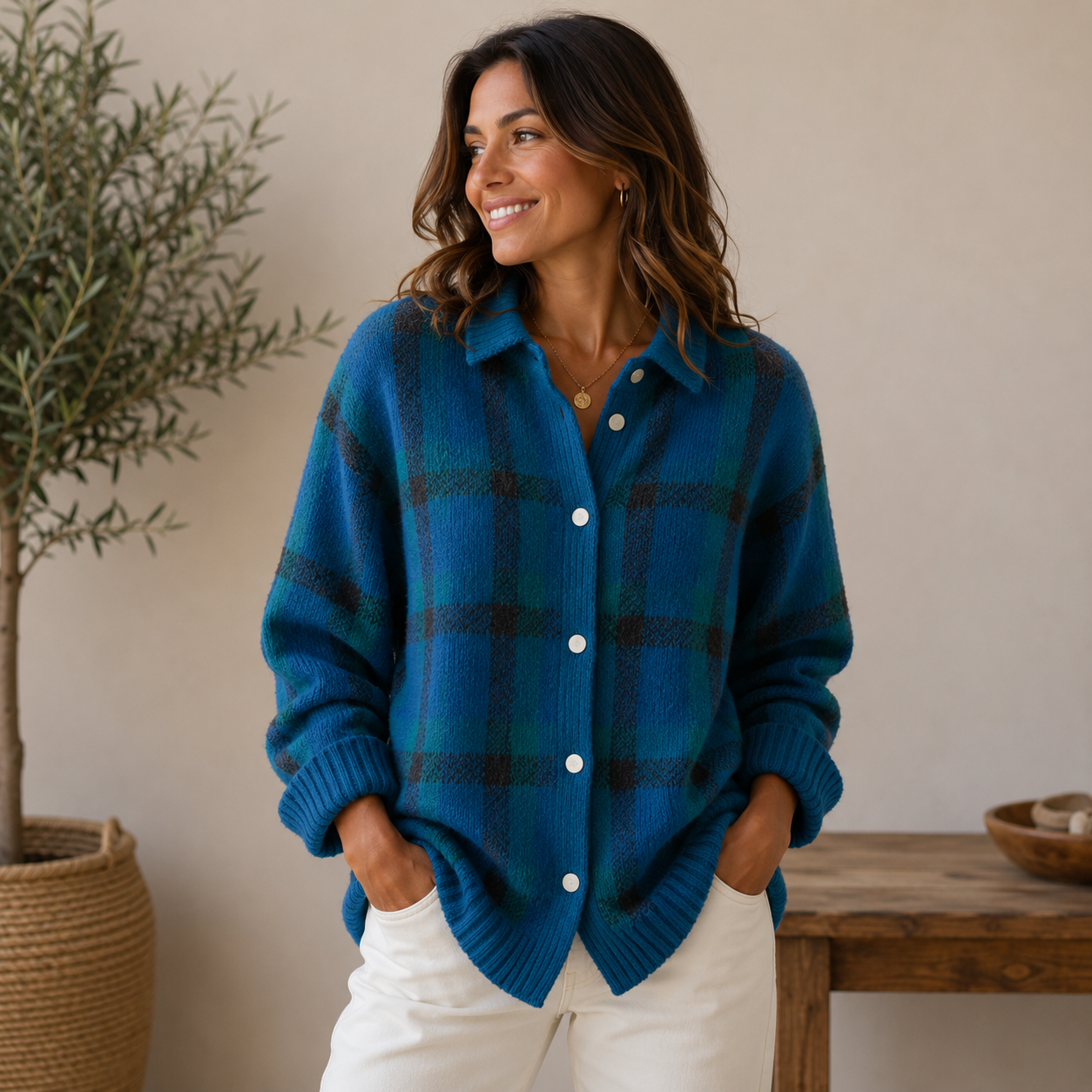 Women's straight-fit knit cardigan with open collar and full button front