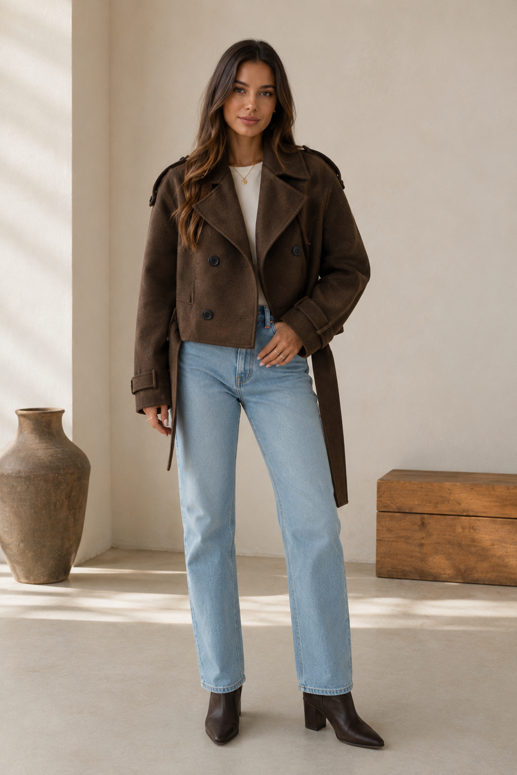 Women's short double-breasted coat with wide lapels and adjustable waist belt