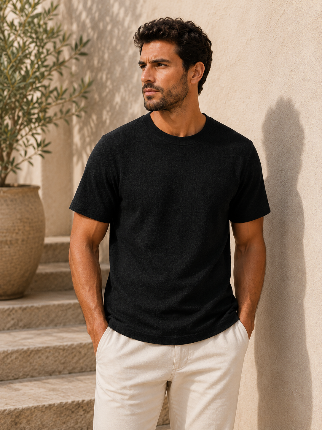 Textured knit crew neck T-shirt for men