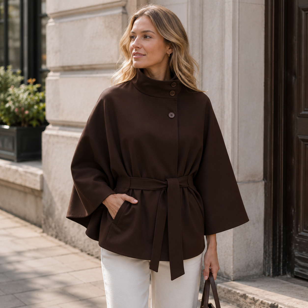 Women's cape coat with self-tie waist belt