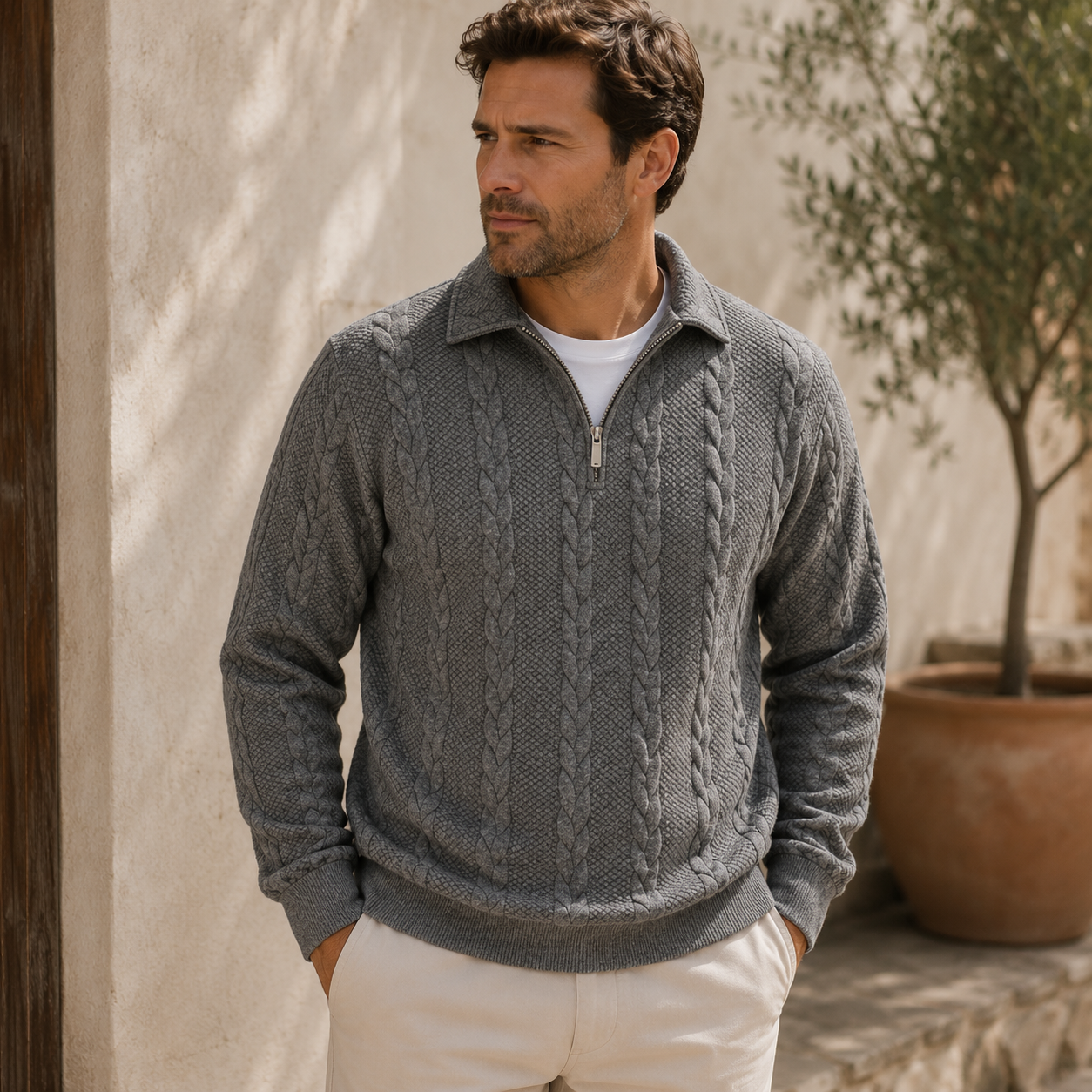 Long sleeve cable knit pullover front view