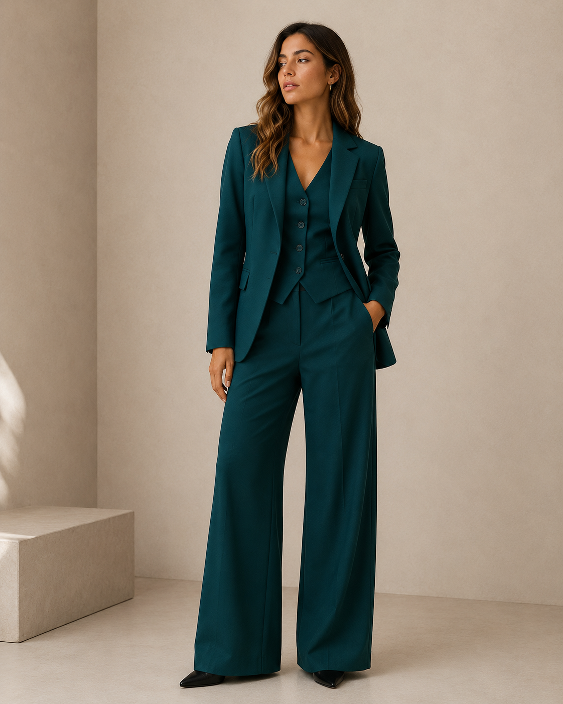 Three-piece women's suit set featuring a long-sleeve blazer with flap pockets, button-front vest, and tailored trousers