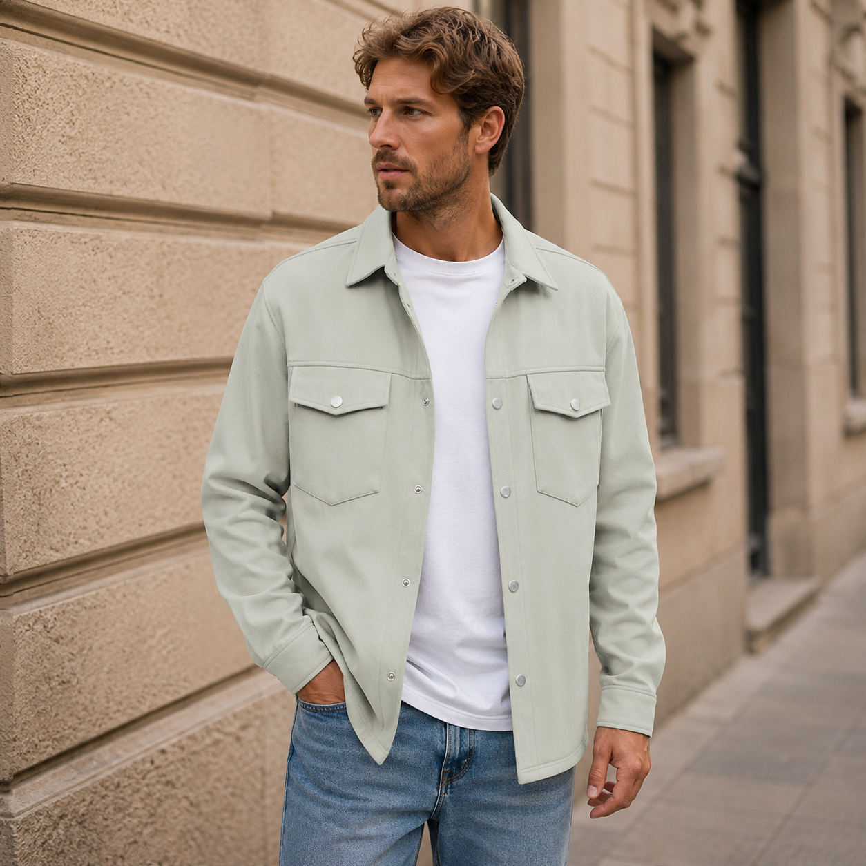 Front view of men's snap button utility jacket