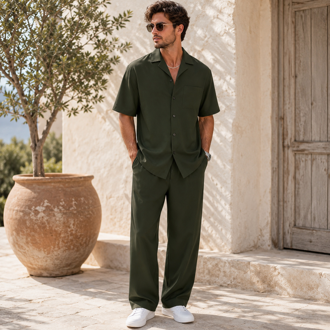 Camp collar shirt with chest pocket detail