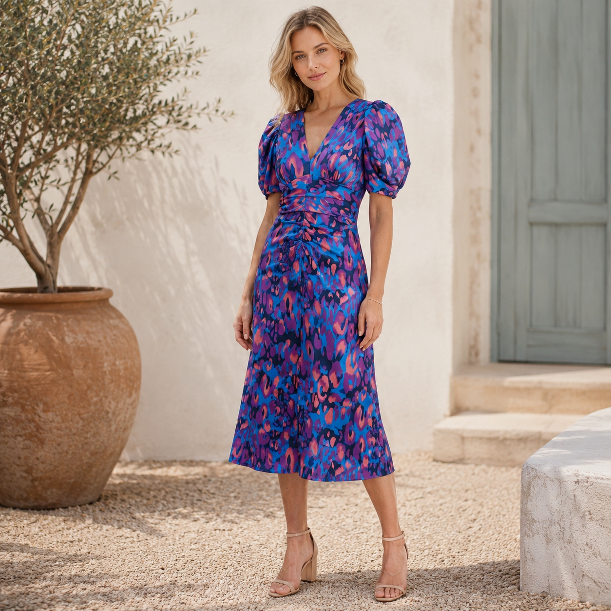 Ruched midi dress with short puff sleeves