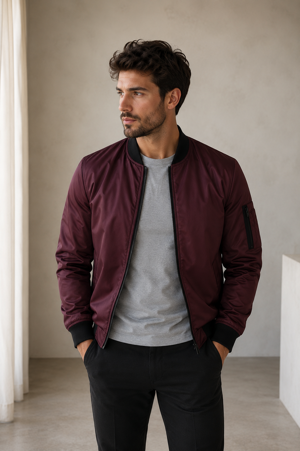 Men's bomber jacket featuring panel construction and ribbed sleeve cuffs