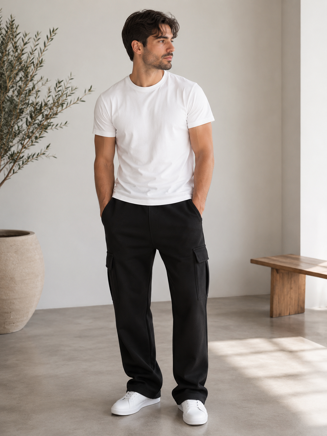 Men's cargo sweatpants in a full-length relaxed fit with multiple leg pockets