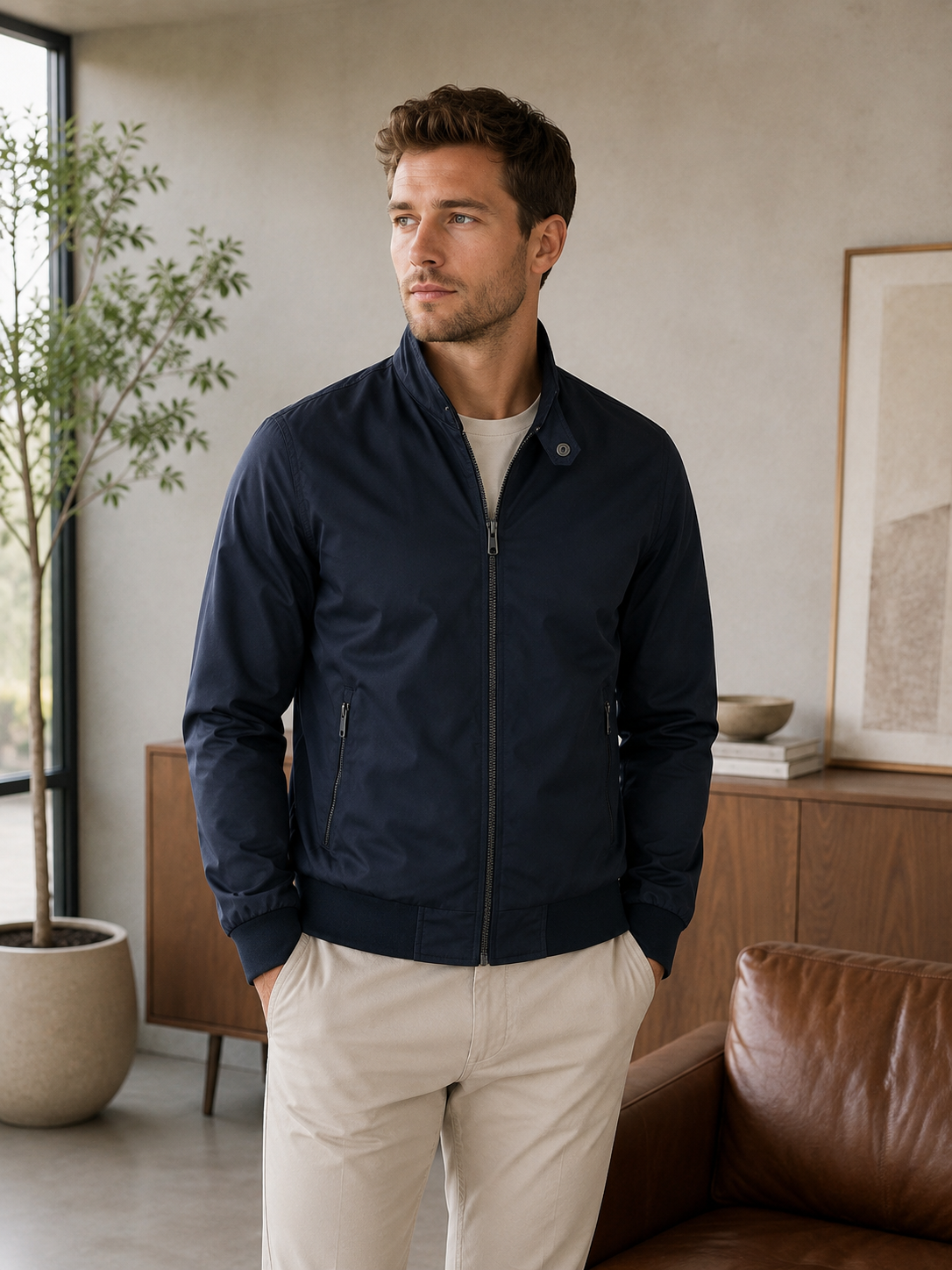 Men's overshirt jacket with stand-up snap-button collar, front zipper, adjustable cuffs, and side zip pockets