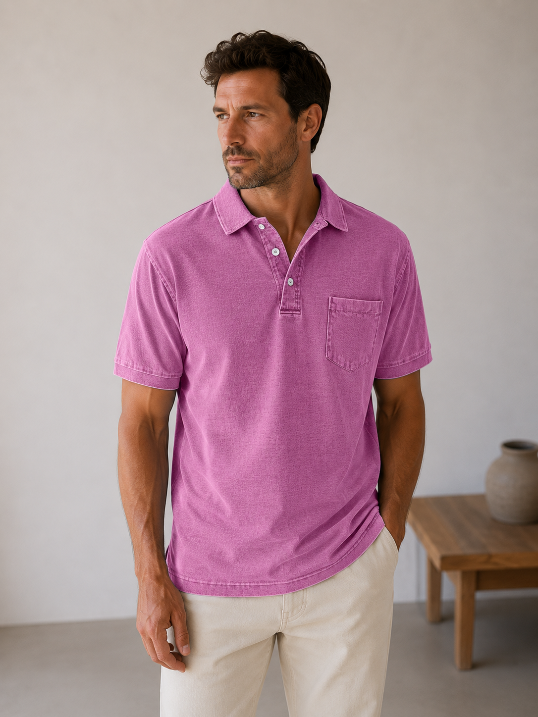 Men's hip-length denim polo shirt with button placket and short sleeves